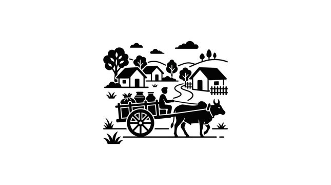 Traditional rural village scene with ox cart.