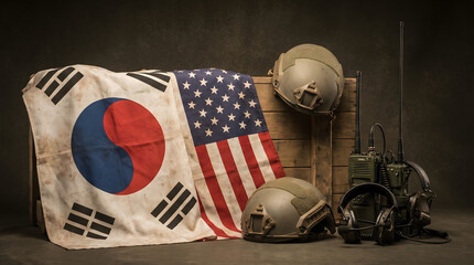 Naklejka premium Usa and south korea flags with tactical military helmets and radio communication equipment on wooden crate