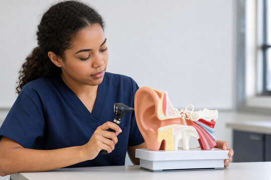 Student Examining Ear Anatomy Model