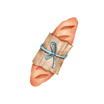 French Baguette in Paper Wrapper illustration of a traditional French baguette wrapped in kraft paper and tied with a blue ribbon