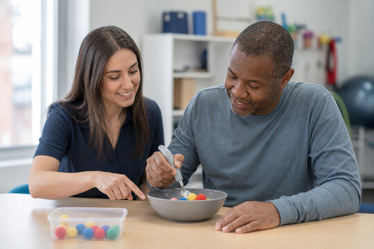 Therapist Guiding Adaptive Utensil Practice