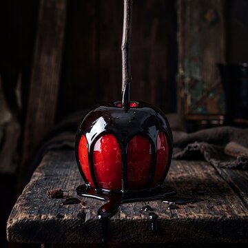 Spooky Halloween red candy apple with dripping dark black syrup on rustic wooden table