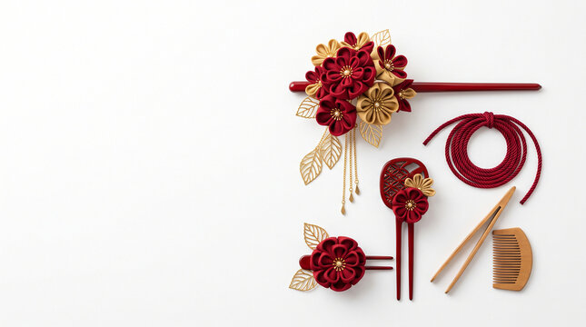 Traditional japanese kanzashi hairpin flat lay kimono hair accessory craft isolated on white copy space