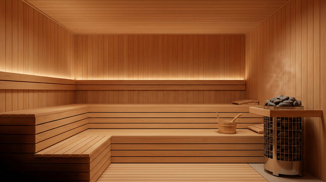 Japanese sauna totonou wellness room empty wooden benches modern spa interior copy space