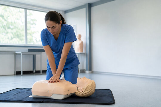Healthcare professional practicing CPR on training mannequin