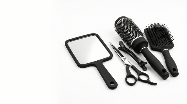Professional hairdressing styling tools set flat lay hair salon equipment isolated on white copy space