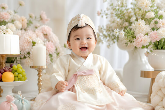 Happy Korean baby girl celebrating doljanchi first birthday in traditional hanbok dress