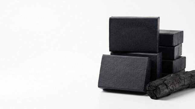Binchotan charcoal soap bars display japanese natural cleansing beauty isolated on white copy space