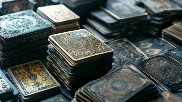 A collection of antique cards scattered on a table. Each card tells a story from the past.