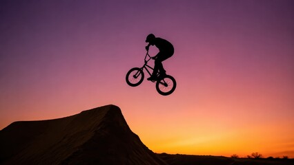 Fototapeta premium BMX rider silhouetted mid jump over dirt ramp at dusk