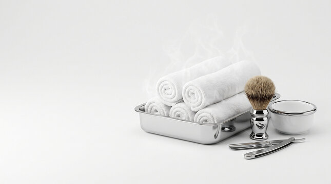Barbershop hot towel shave setup still life mens grooming barber isolated on white copy space