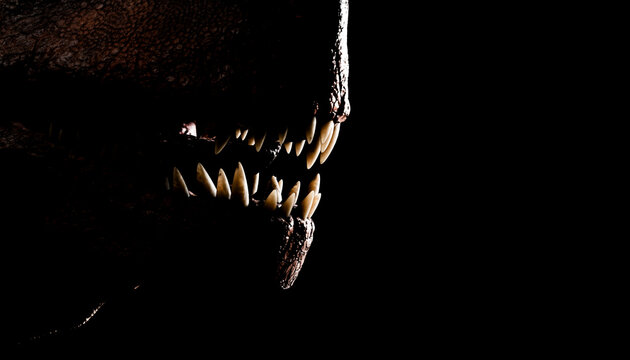 Close-up of a T-Rex mouth showing sharp teeth in the dark