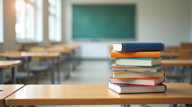 Pila de libros de texto coloridos sobre un escritorio de madera frente a un aula