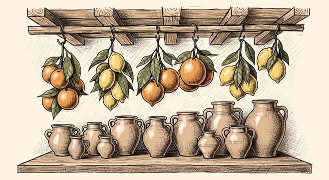 Vintage illustration of citrus fruits hanging above terracotta pottery jars