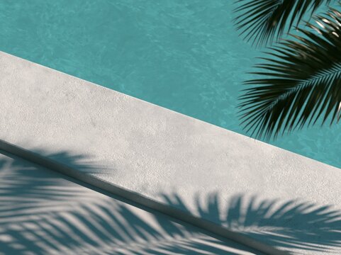 Elegant poolside scene with bright turquoise water, textured concrete ledge, and dappled palm leaf shadows