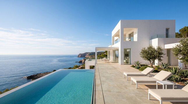 White coastal villa minimalist ocean view luxury modern architecture exterior clean copy space