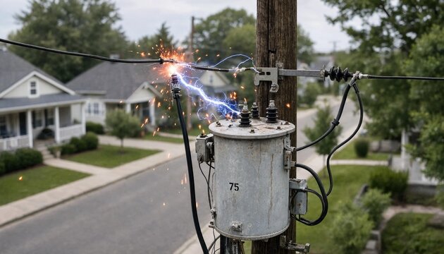 Electrical transformer explosion and short circuit sparking on a utility pole in a residential neighborhood