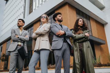 Fototapeta premium A confident multiethnic business team stands with arms crossed outside a modern office building. Four professional colleagues pose together in formal attire in an urban corporate setting.