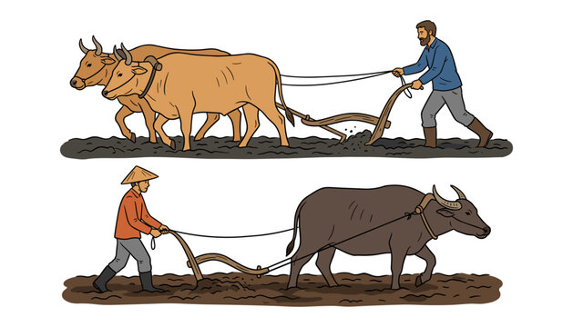 Traditional farming vector illustration showing farmers plowing muddy agricultural fields with wooden plows pulled by oxen and a water buffalo.