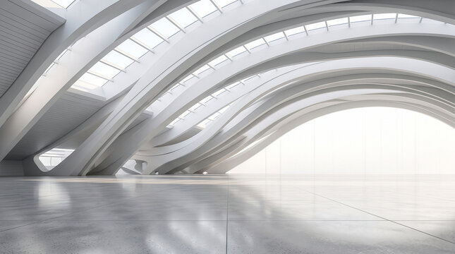 White airport terminal sweeping curved ceiling lines modern transport architecture interior copy space