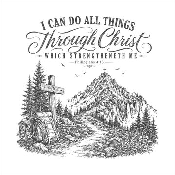 Philippians 4:13 Christian Faith Typography with Mountain Trail Backpack and Cross Illustration