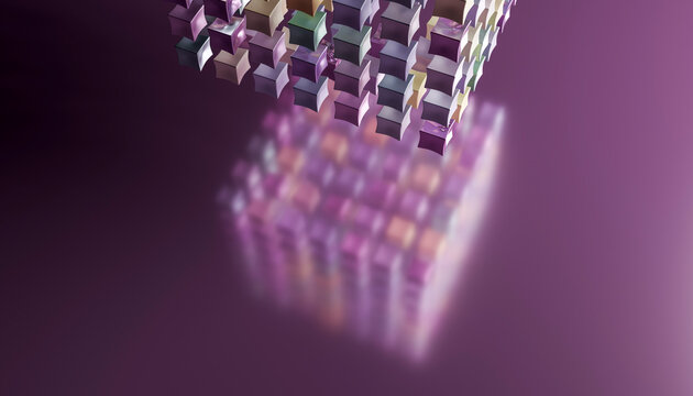 A 3d abstract purple cube made of modular blocks floating in space