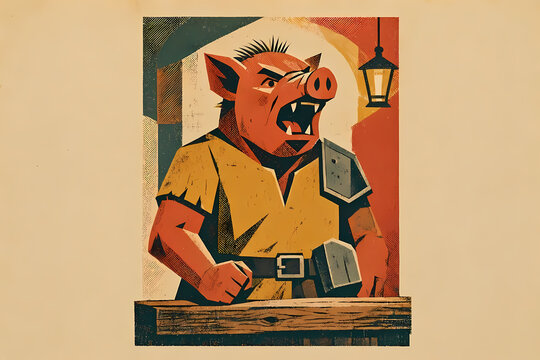 Minimalist vintage fantasy illustration of an anthropomorphic pig tavern brawler. From a vintage-style fantasy woodland animal characters collection. Perfect for RPG projects