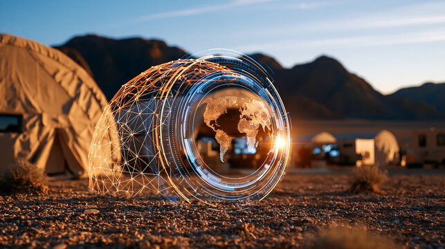 Military base camp in desert environment showing advanced digital grid mapping and surveillance interface futuristic defense technology concept strategic operations