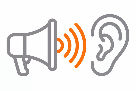 Megaphone announcing sound waves to human ear for communication and advertising vector illustration