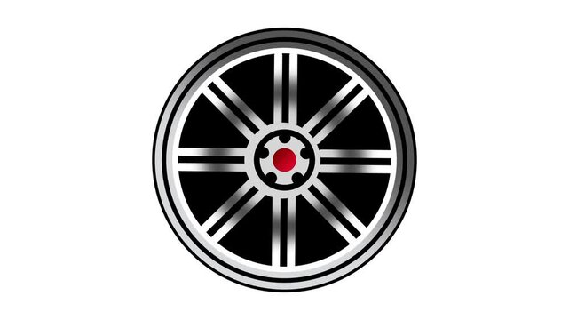 A black and white wheel rim icon featuring six thin spokes and a small red center cap sits displayed centered neatly on a plain white background image