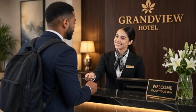 Hotel receptionist assisting a guest at the check-in desk with luggage and welcome sign