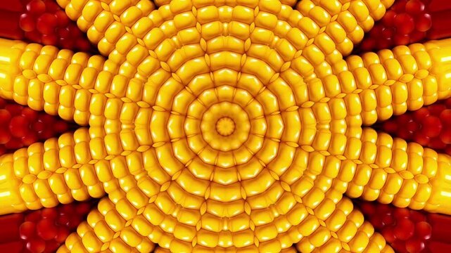 Golden corn kernel fruit pattern kaleidoscope motion video forming texture star mandala abstract background animation element