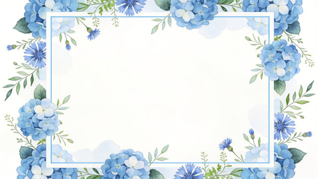 Blue Hydrangea Watercolor Wreath Frame with Copy Space