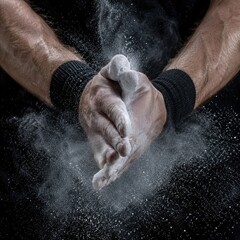 Fototapeta premium Chalk dust cloud from clapping hands in dark gym