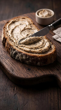 Creamy dark truffle butter spread on rustic bread with moody side lighting.