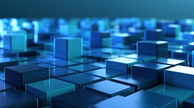 Calm, corporate tech background: blue and turquoise tile grid with depth and glossy surfaces