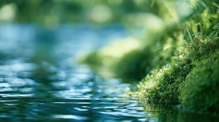 Fototapeta premium Calm lakeside scene with a dreamy, unfocused water and plant backdrop
