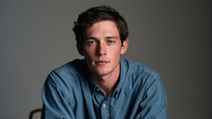 Fototapeta premium Calm male portrait: brunette in blue shirt seated before a grey background with contemplative gaze