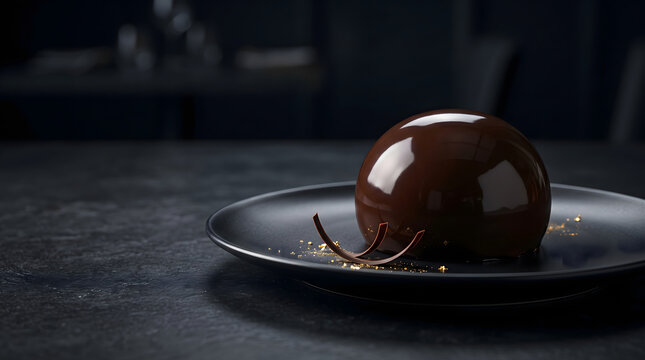 Glossy dark chocolate mousse dome with mirror glaze on a luxury dessert plate.