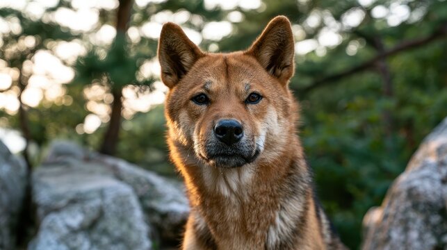 Calm Korean Jindo dog gazing toward the camera in a lush forest landscape