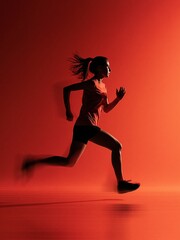 Naklejka premium Silhouette of a determined woman running with motion blur against a vibrant red background