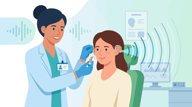 Audiologist fitting hearing aid on patient, hearing test concept