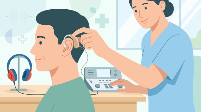 Audiologist fitting hearing aid on patient's ear during audiology test