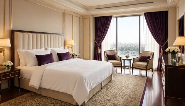 Luxurious hotel bedroom interior with king size bed and panoramic city window view