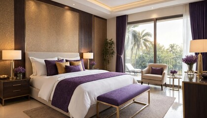 Fototapeta premium Luxurious modern bedroom interior with purple accents and tropical balcony view