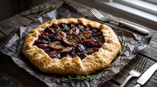 Rustic plum galette with thyme and flaky pastry on dark parchment and wood.