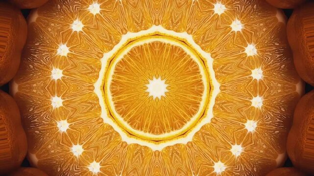 Vibrant kaleidoscope motion video of sliced orange citrus fruit displaying symmetrical mandala geometric pattern for abstract background animation