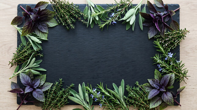 Fresh purple basil and dark herbs framing a clean black background for food advertising.