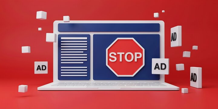 Laptop screen showing ad blocker concept with stop sign icon on red background