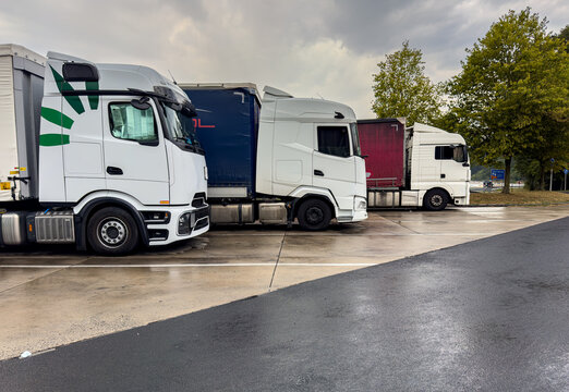 Truck at a Highway Rest Stop &ndash; Long-Haul Transportation, Logistics and Driver Break Concept